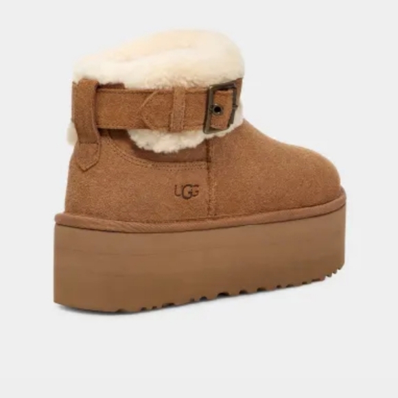 New. UGG Classic Ultra Mini Platform Belted Roller Sherpa Shearling Chestnut - Picture 3 of 3